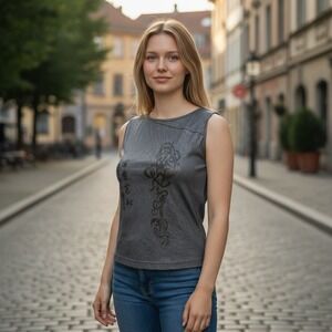 Vintage Parasuco Black Textured‎ Graphic Sleeveless Tank Top Women's Size L